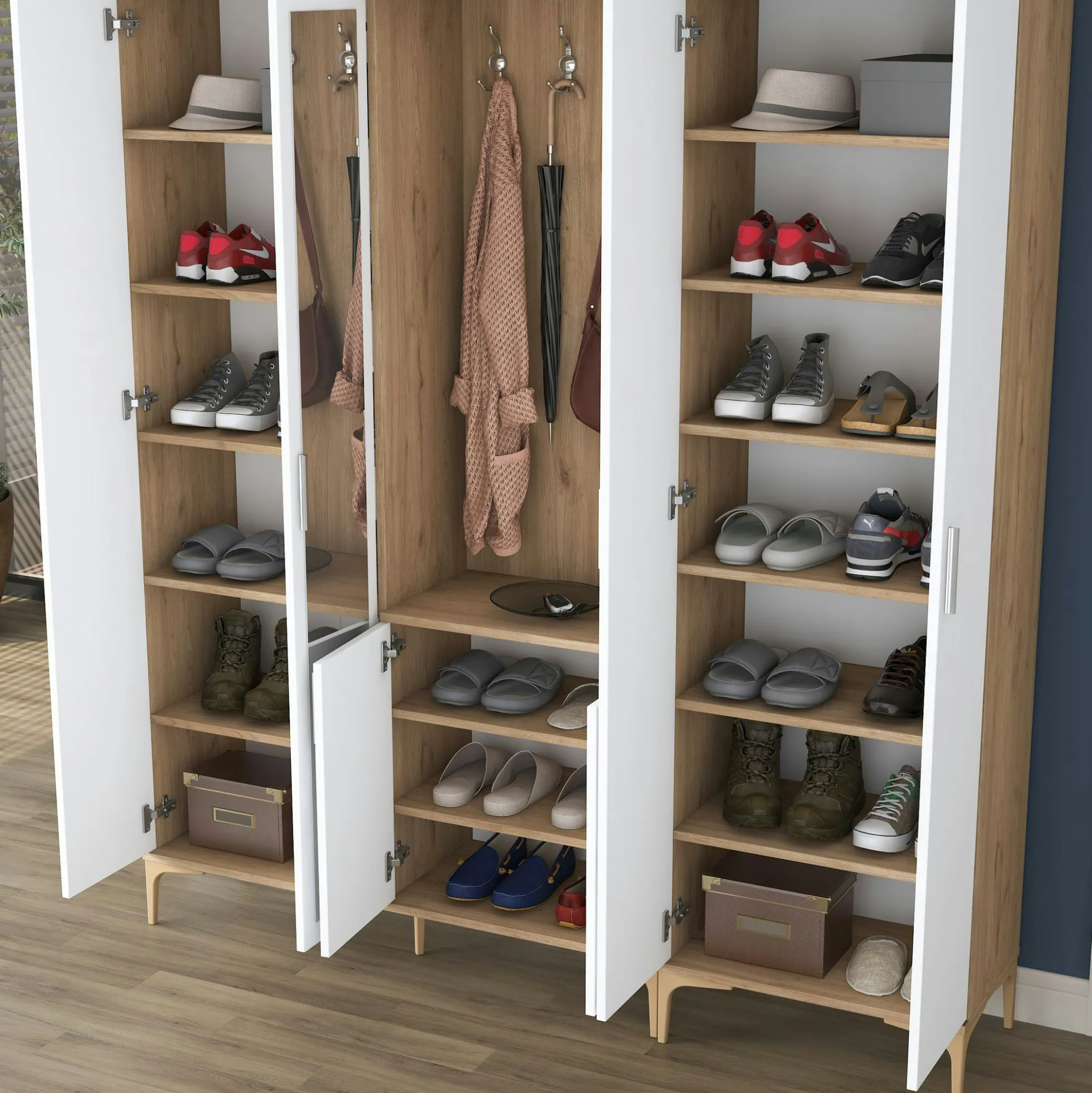 Vestiaire d'entrée blanc et décor noyer avec miroir JENA