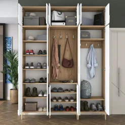 Vestiaire d'entrée blanc et décor noyer 12 portes JENA