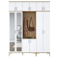 Vestiaire d'entrée blanc et décor noyer 12 portes JENA