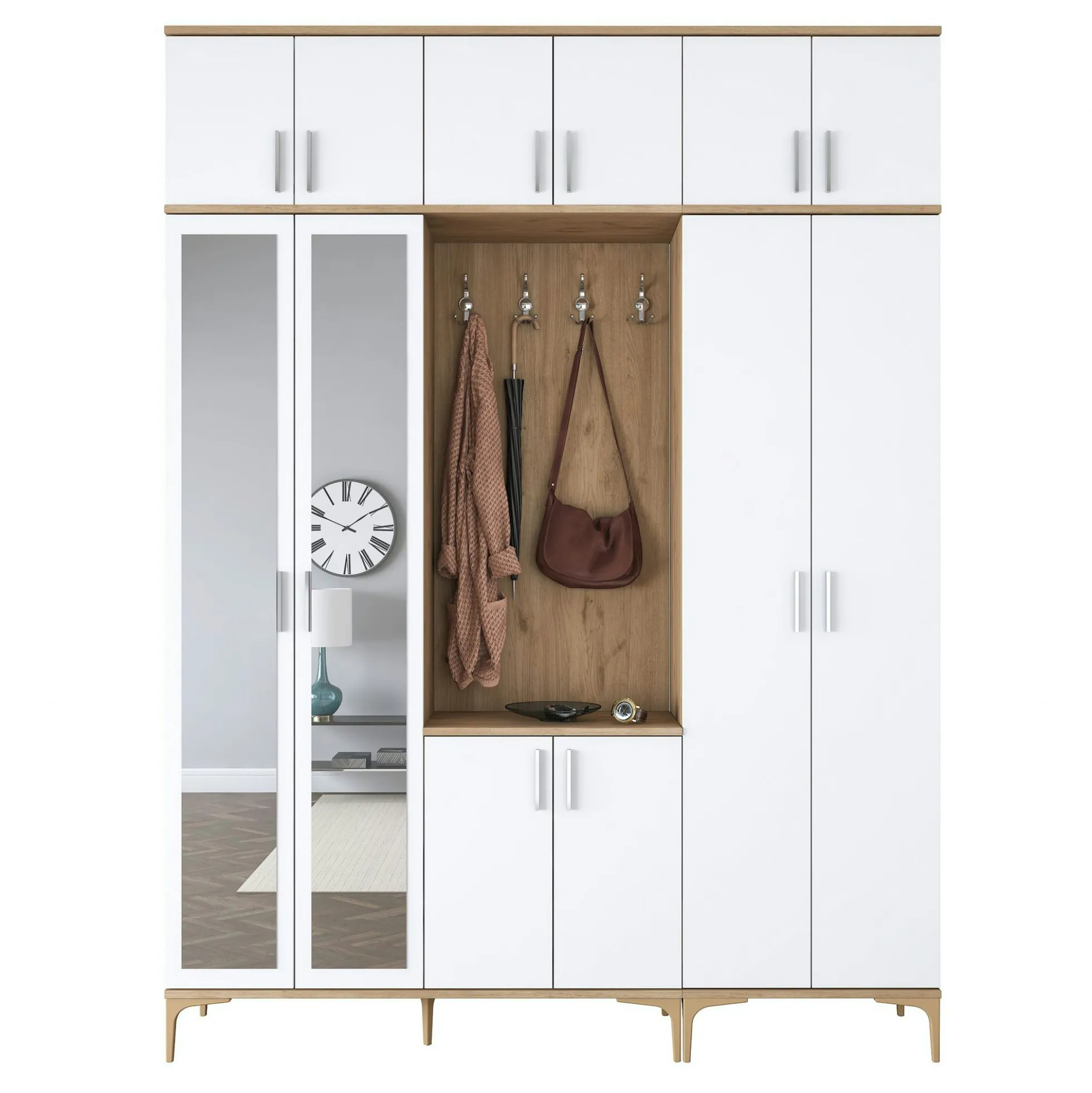 Vestiaire d'entrée blanc et décor noyer 12 portes JENA