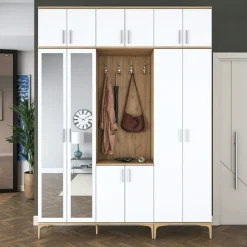 Vestiaire d'entrée blanc et décor noyer 12 portes JENA