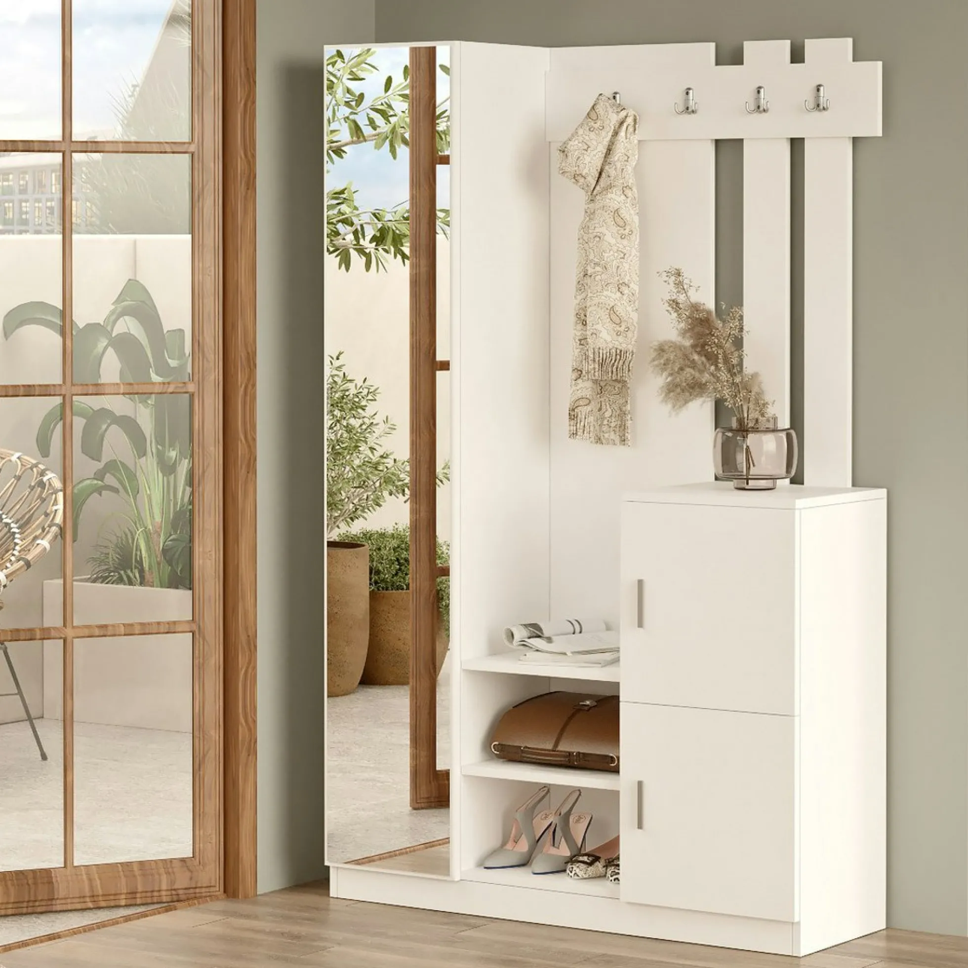 Vestiaire d’entrée blanc miroir et rangements fermés MARFA