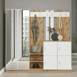 Vestiaire d'entrée 1 miroir 4 portes décor blanc bois MARFA