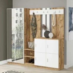 Vestiaire d'entrée 1 miroir 4 portes décor blanc bois MARFA