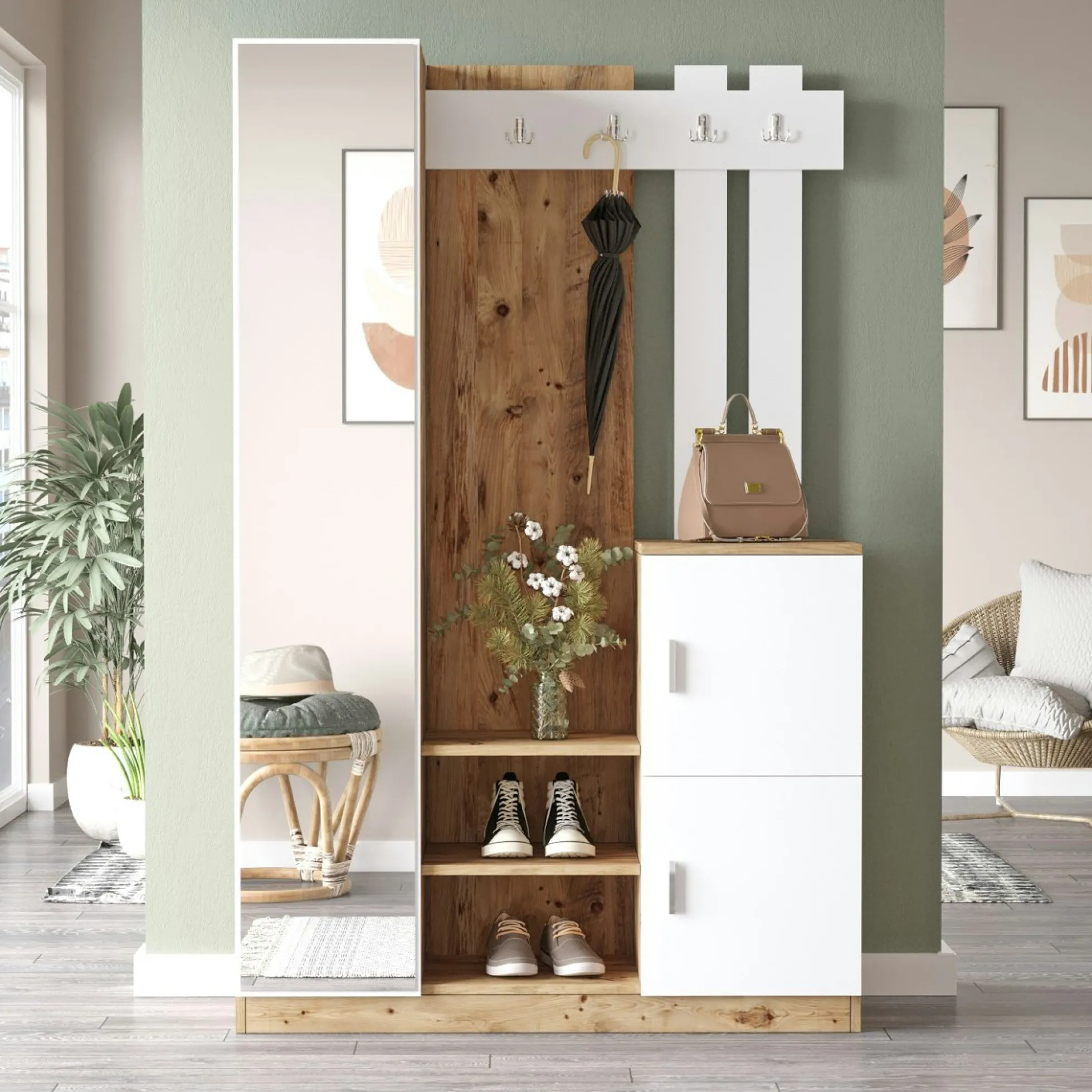 Vestiaire d’entrée 2 portes blanc et décor bois MARFA