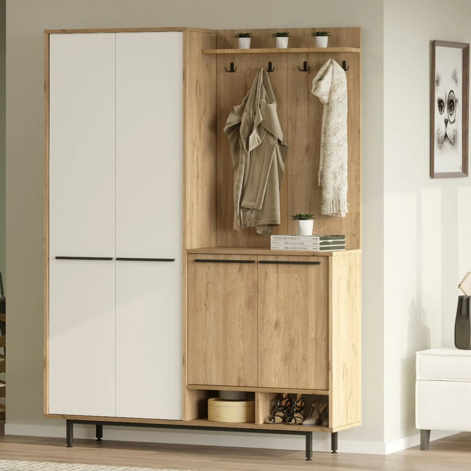 Vestiaire d'entrée 4 portes décor blanc et bois JENA
