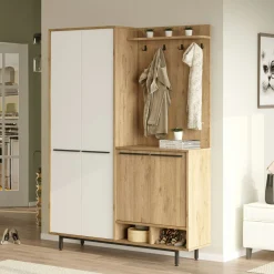 Vestiaire d'entrée 4 portes décor blanc et bois JENA