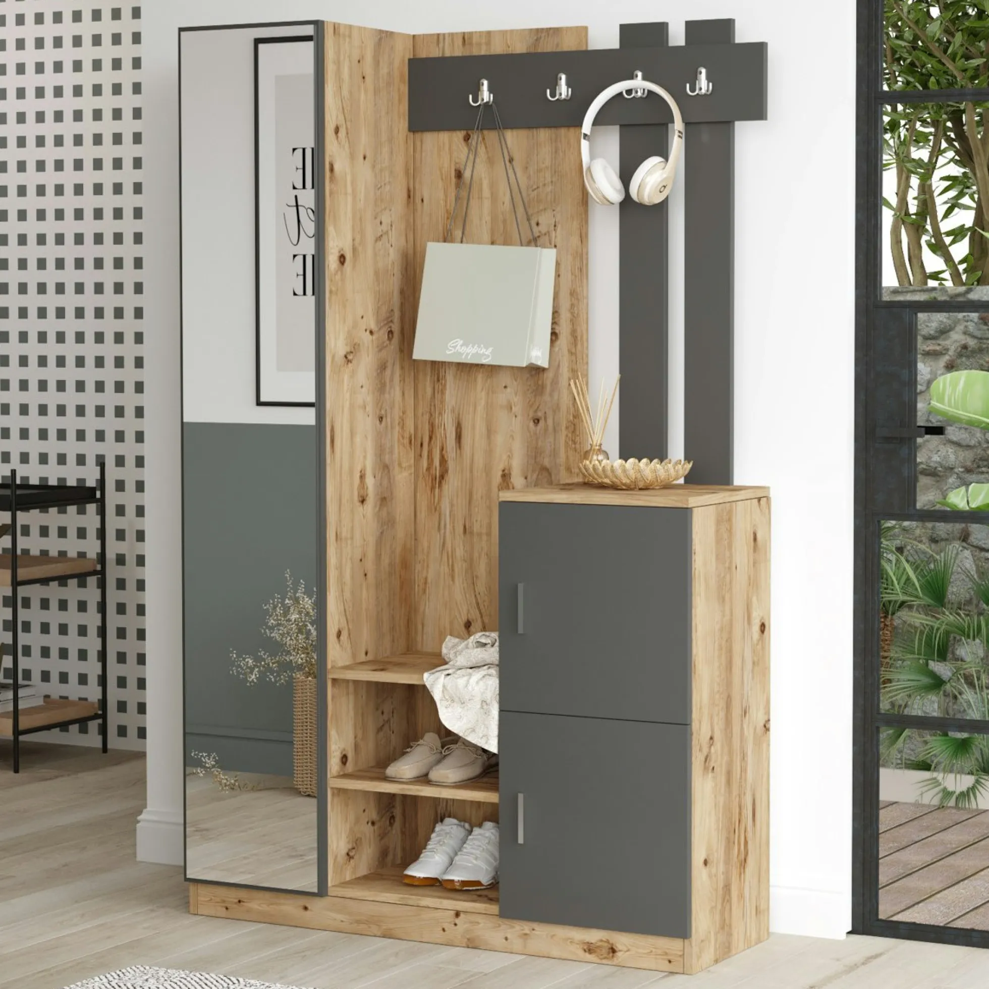 Vestiaire d’entrée 2 portes 1 miroir décor gris et bois MARFA