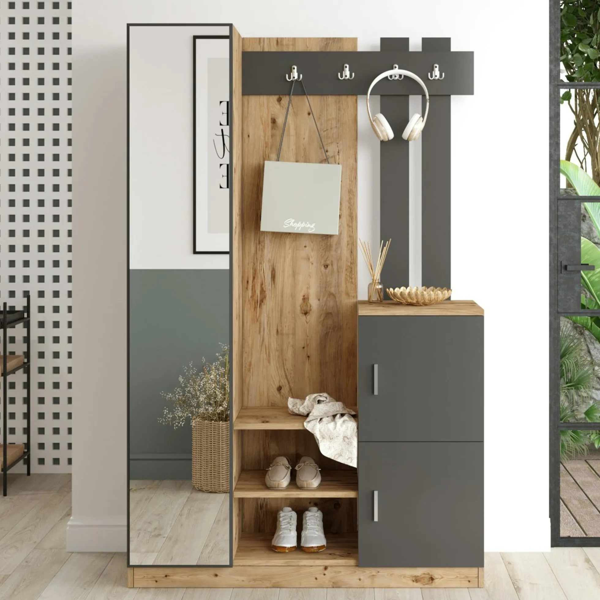 Vestiaire d’entrée 2 portes 1 miroir décor gris et bois MARFA