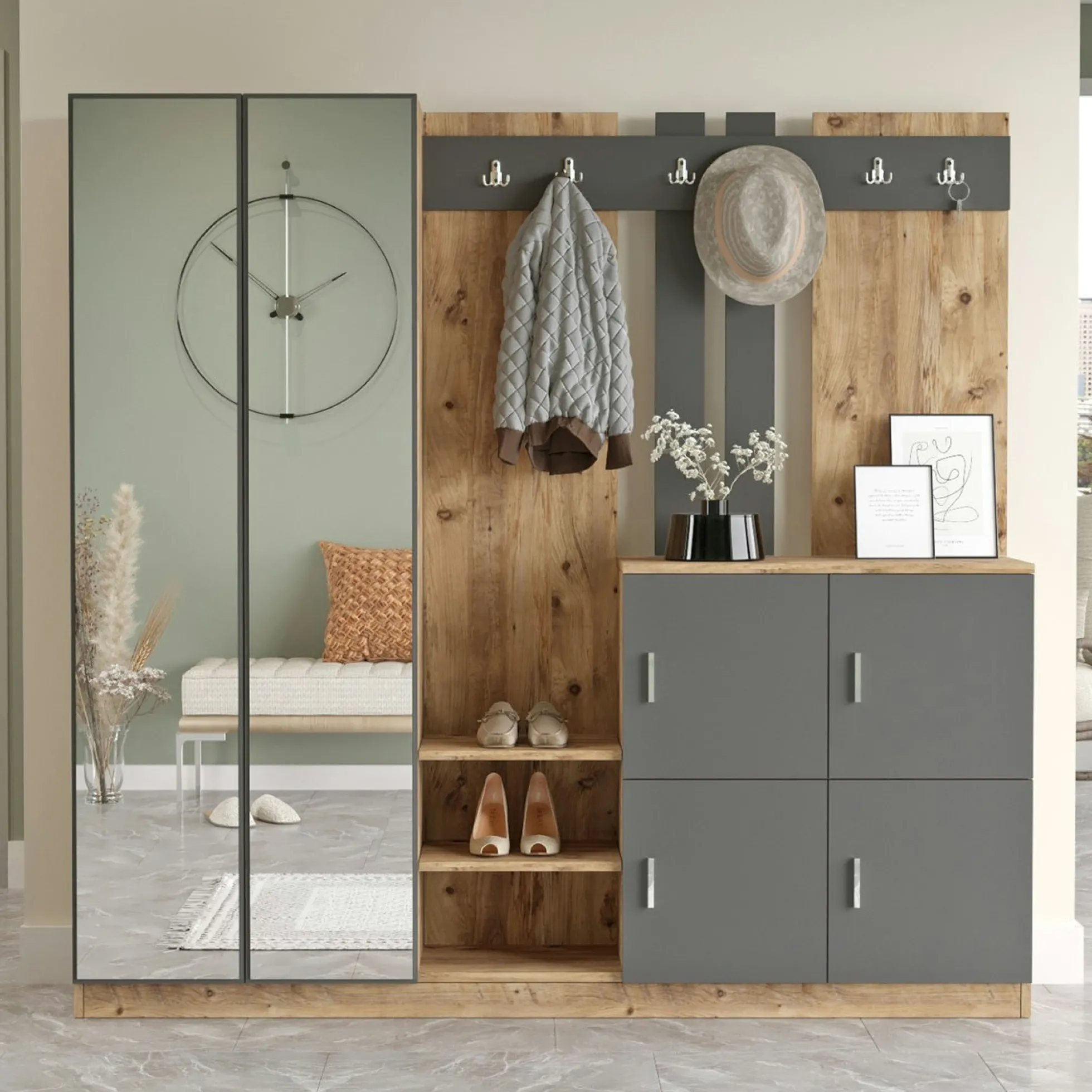 Vestiaire d'entrée 4 portes 1 miroir décor gris et bois MARFA