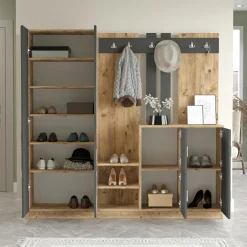 Vestiaire d'entrée 4 portes 1 miroir décor gris et bois MARFA