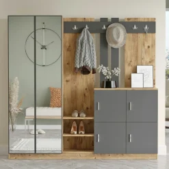 Vestiaire d'entrée 4 portes 1 miroir décor gris et bois MARFA