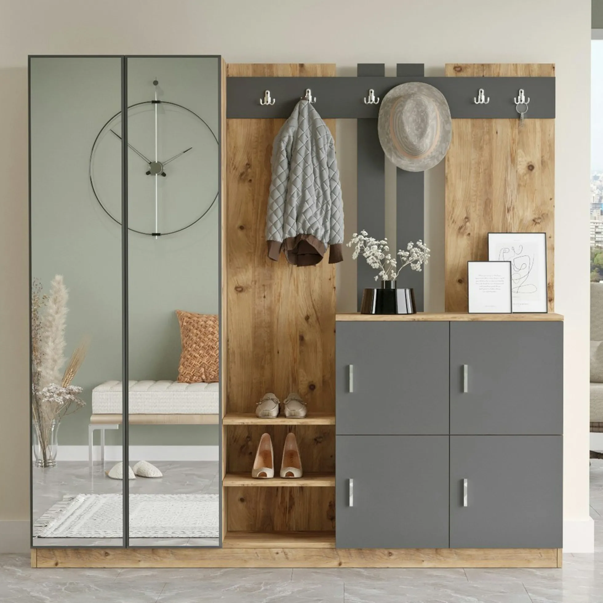 Vestiaire d'entrée 4 portes 1 miroir décor gris et bois MARFA