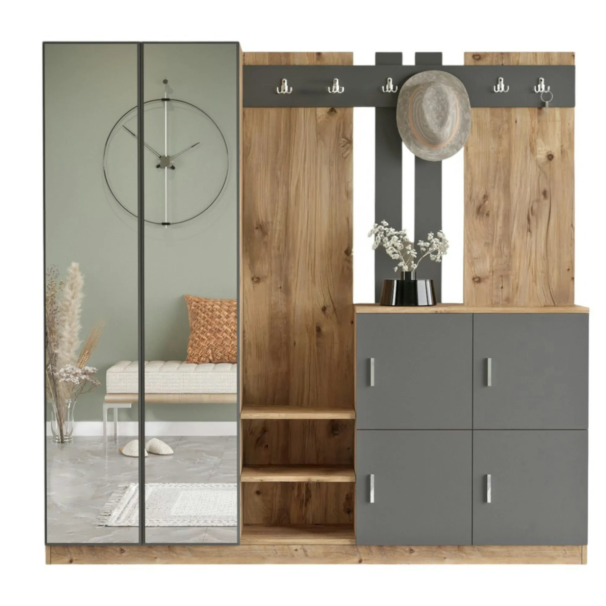Vestiaire d'entrée 4 portes 1 miroir décor gris et bois MARFA