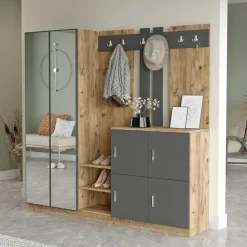 Vestiaire d'entrée 4 portes 1 miroir décor gris et bois MARFA