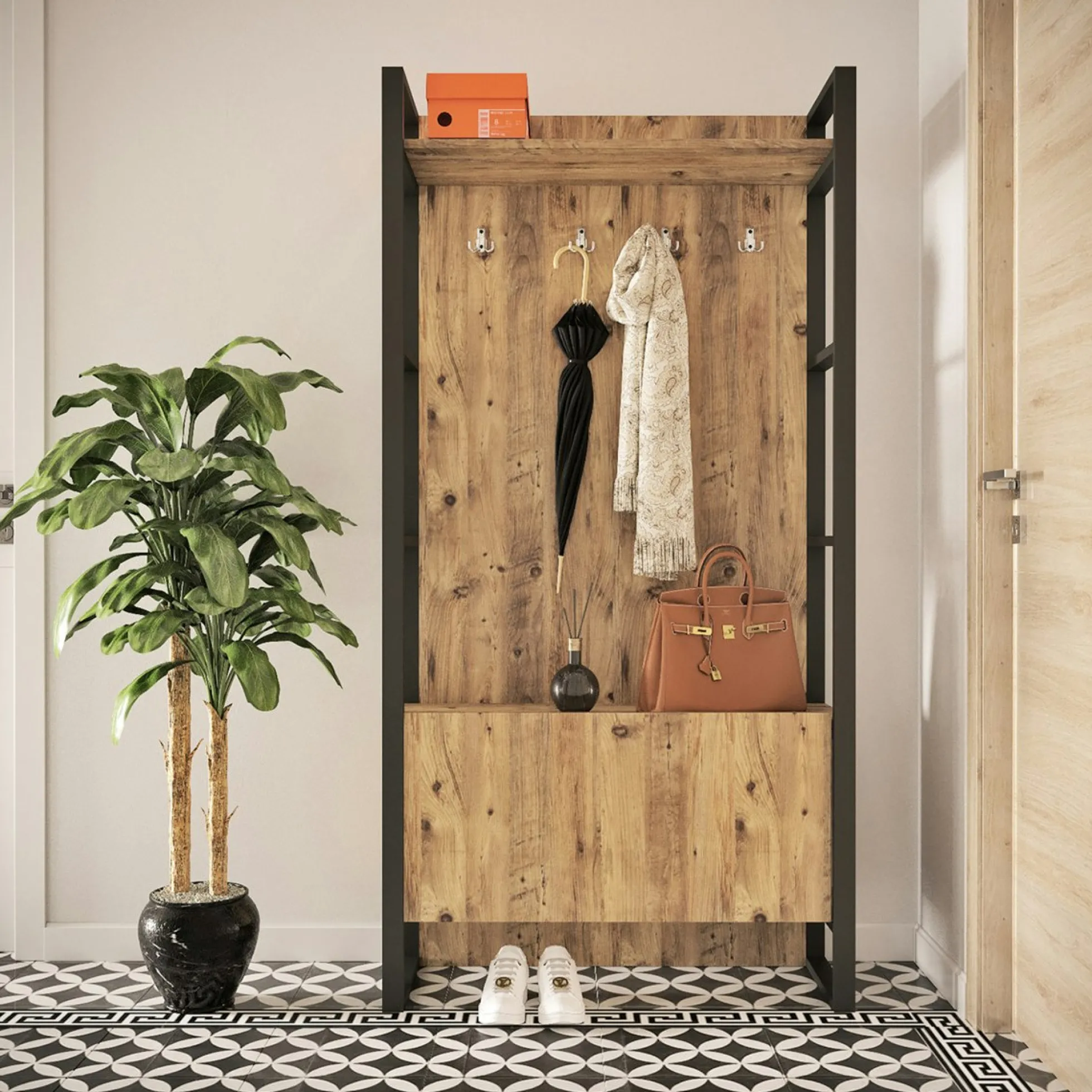Vestiaire d'entrée rustique chic 1 rangement bas 1 étagère JENA