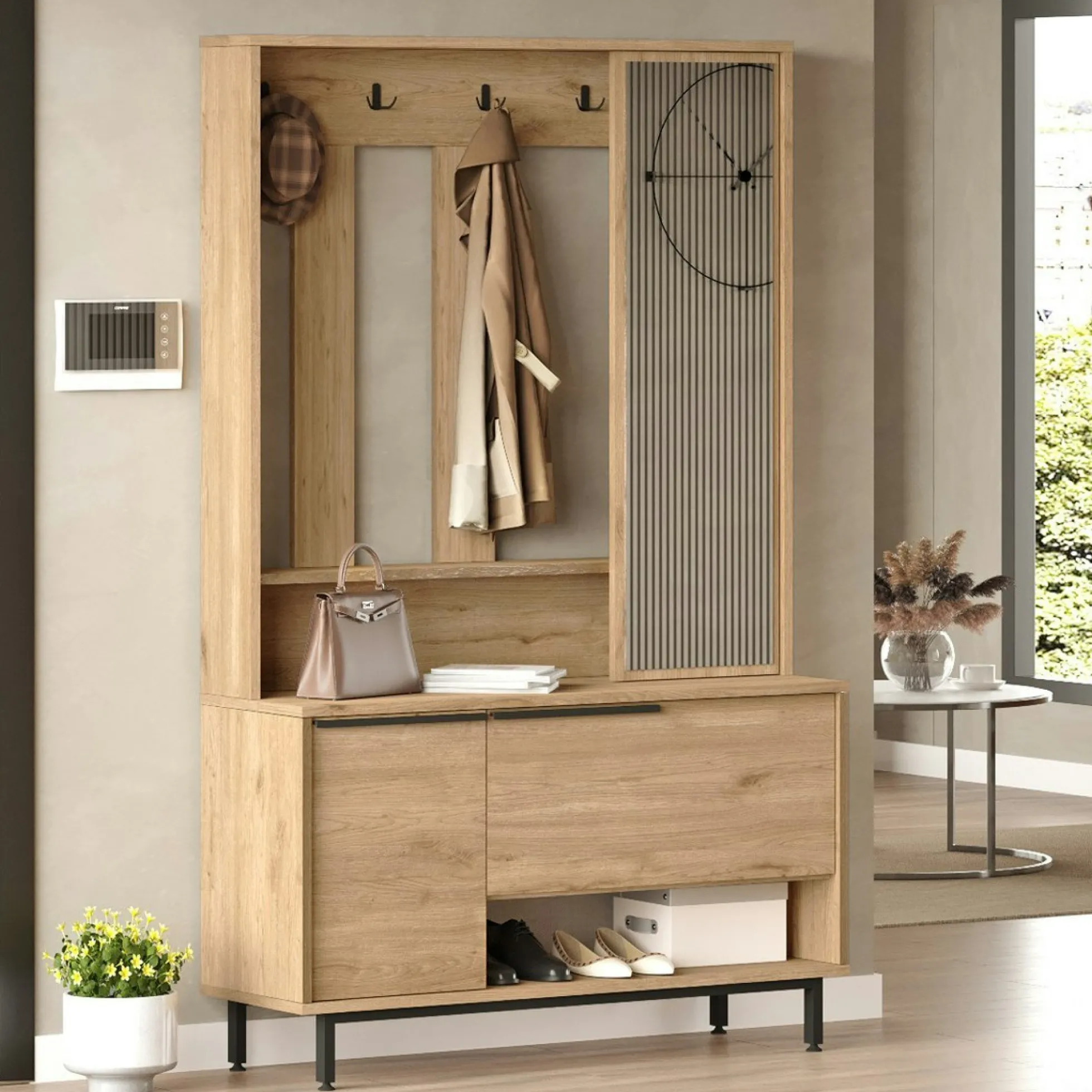 Vestiaire d'entrée scandinave 5 patères rangements bas JENA