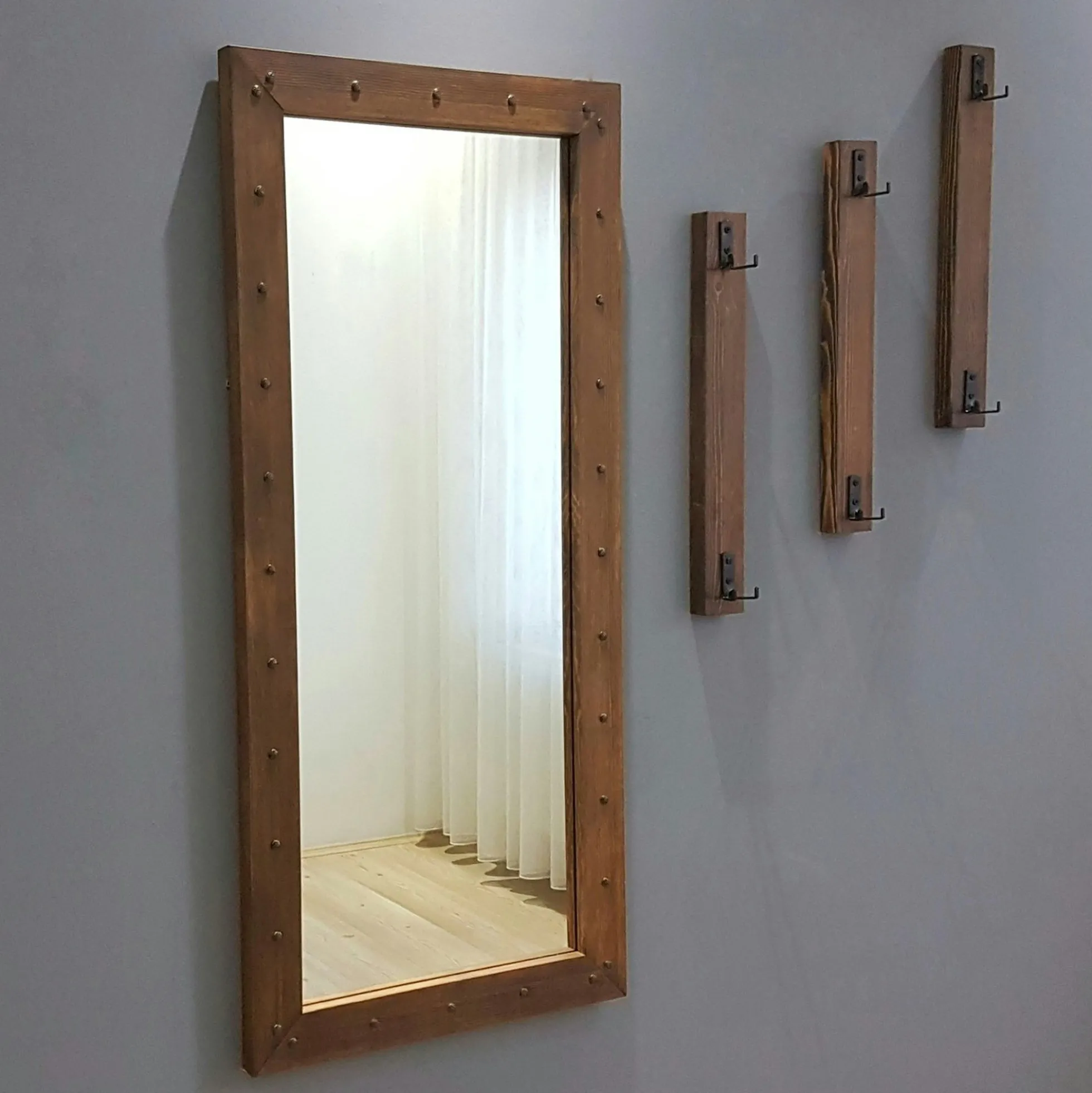Vestiaire mural avec miroir - 3 portemanteaux en bois HILO