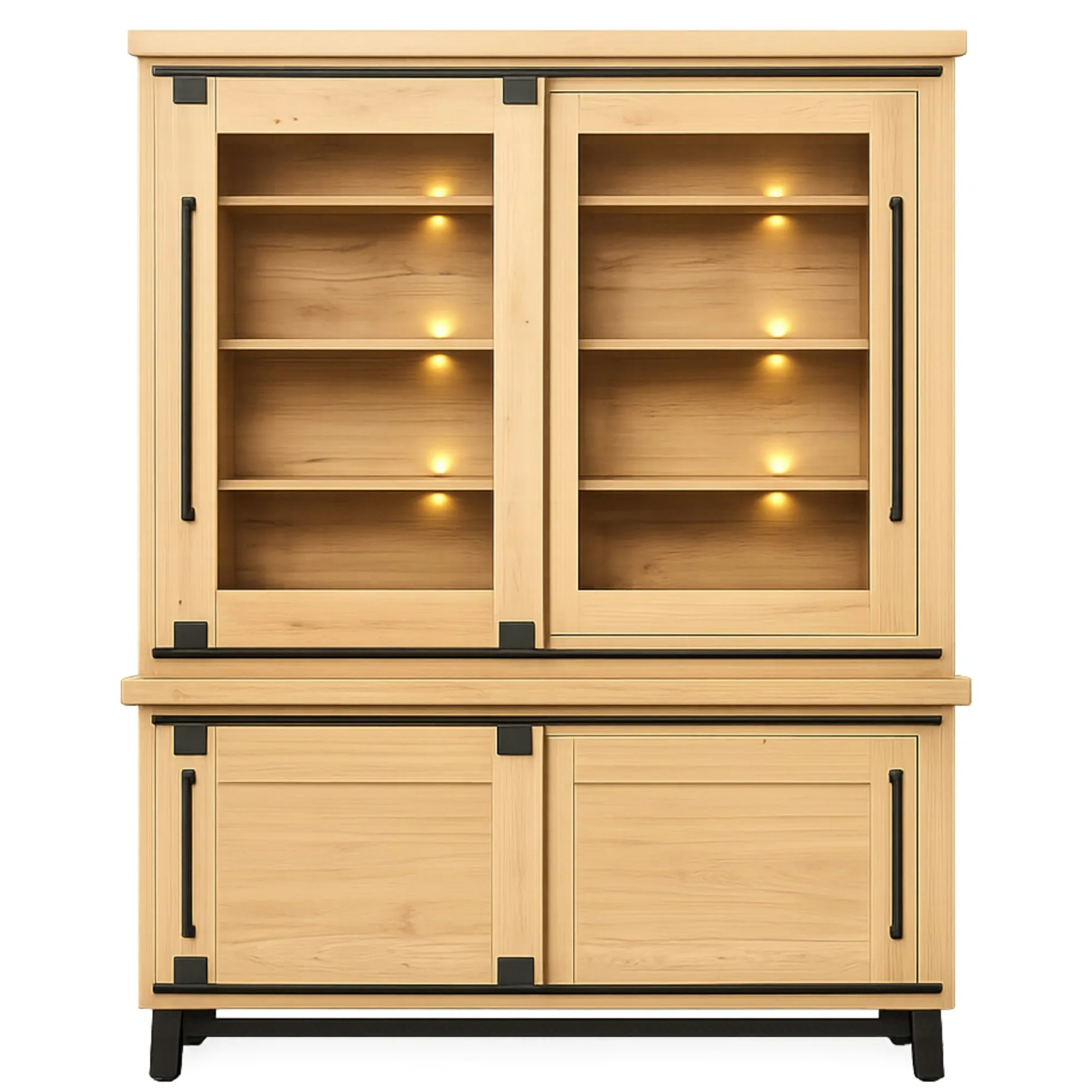 Vitrine chêne clair portes coulissantes et LED 185 cm ALPINE