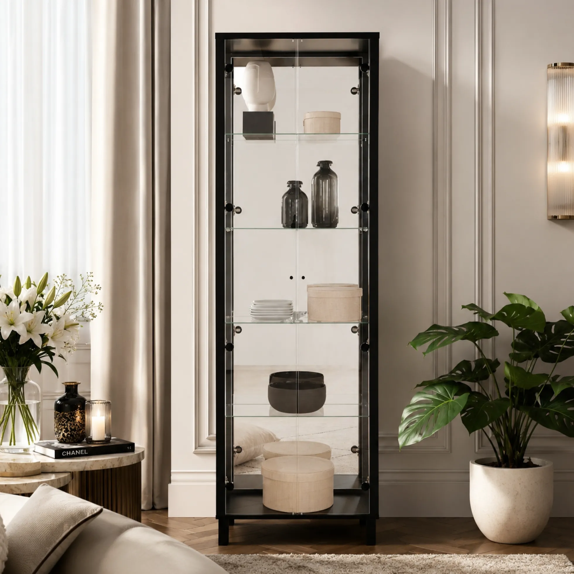 Vitrine noire 2 portes 1 miroir RAVEN
