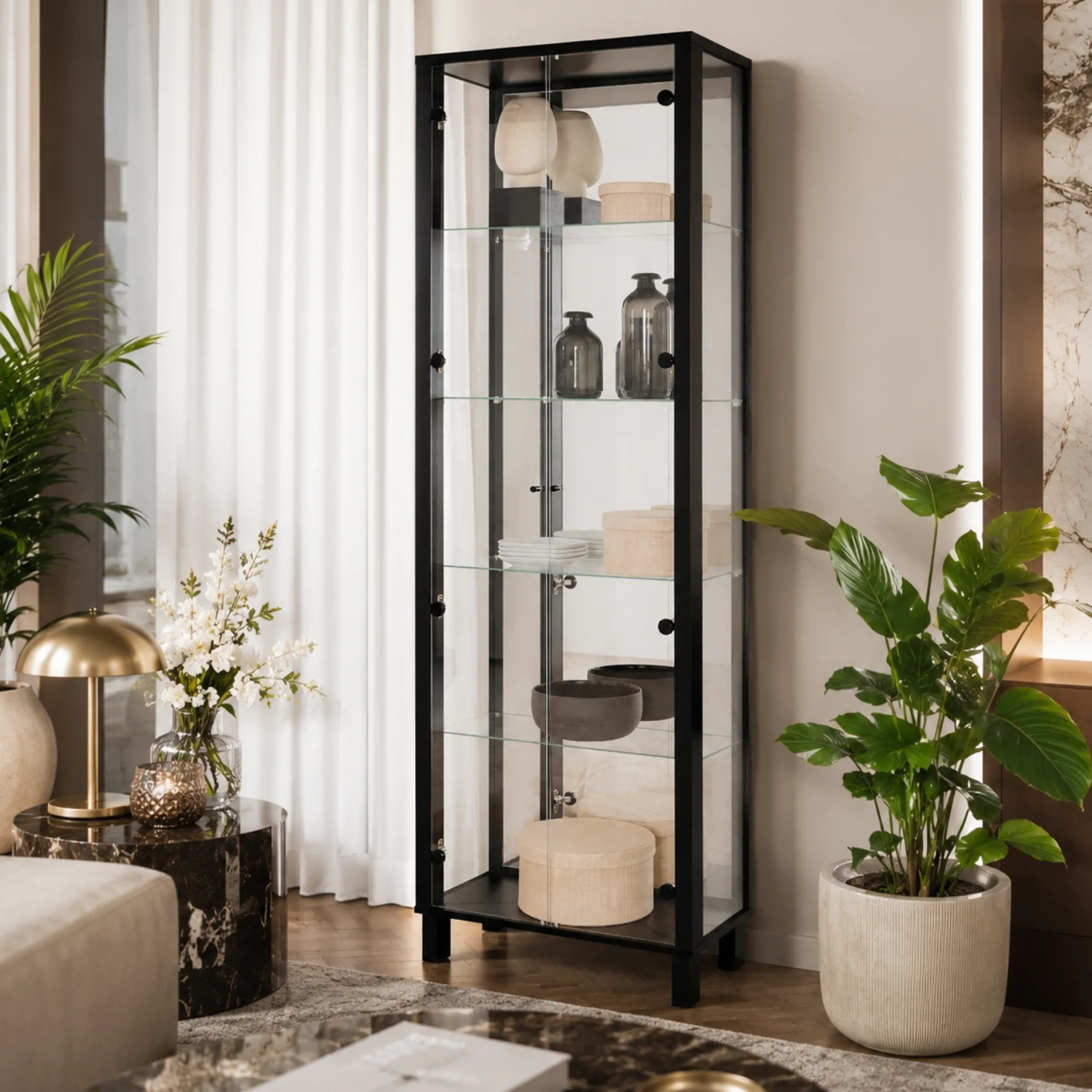 Vitrine noire 2 portes 1 miroir RAVEN